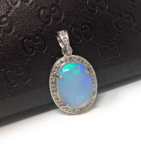 Ethiopian Opal Pendant, Gemstone Pendant, Diamond Pendant, Sterling