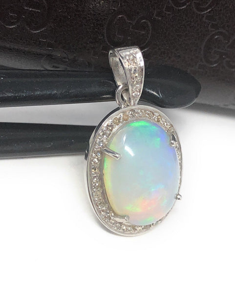 Ethiopian Opal Pendant, Gemstone Pendant, Diamond Pendant, Sterling