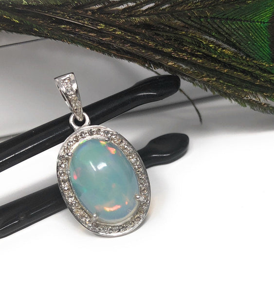 Ethiopian Opal Pendant, Gemstone Pendant, Diamond Pendant, Sterling