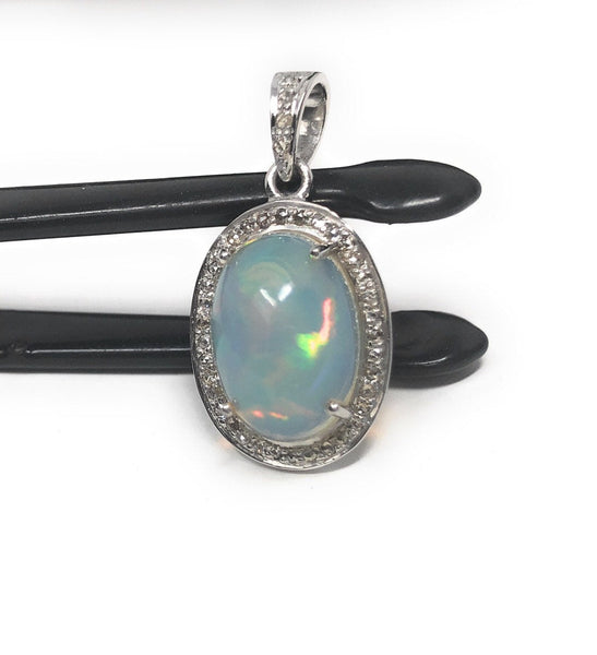 Ethiopian Opal Pendant, Gemstone Pendant, Diamond Pendant, Sterling