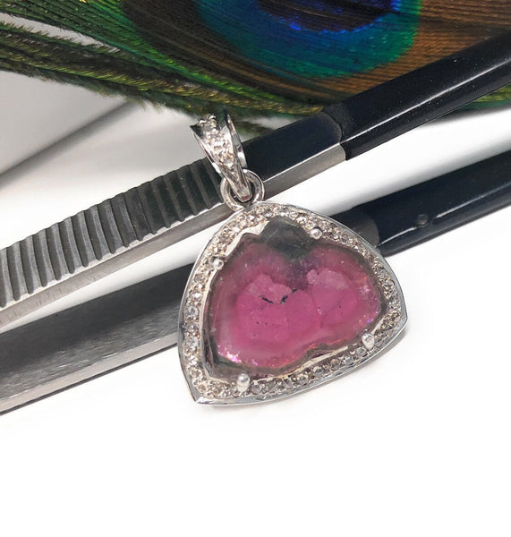 Pink Tourmaline Pendant, Gemstone Pendant, Pave Diamond Pendant, Sterl