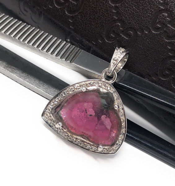 Pink Tourmaline Pendant, Gemstone Pendant, Pave Diamond Pendant, Sterl