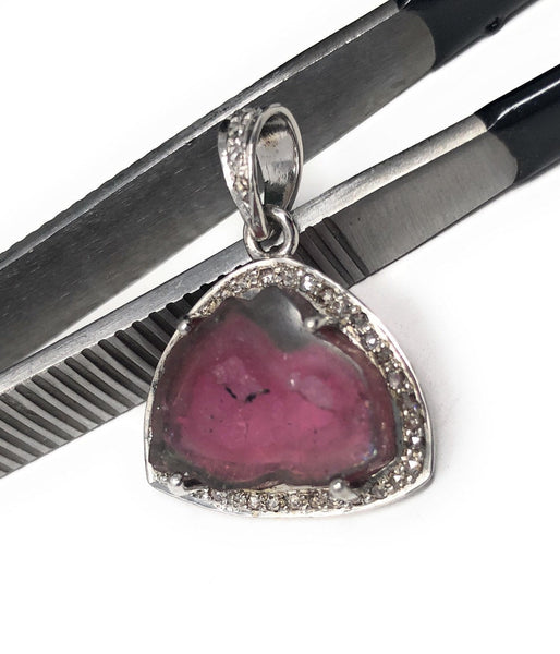 Pink Tourmaline Pendant, Gemstone Pendant, Pave Diamond Pendant, Sterl