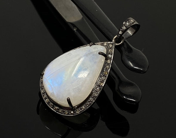 Moonstone Pendant, Gemstone Pendant, Diamond Pendant, Pave Diamond