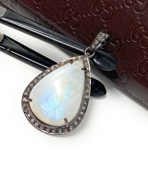 Moonstone Pendant, Gemstone Pendant, Diamond Pendant, Pave Diamond