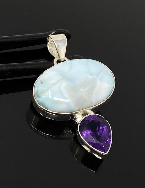 Natural Larimar and Amethyst Gemstone Pendant, Sterling Silver