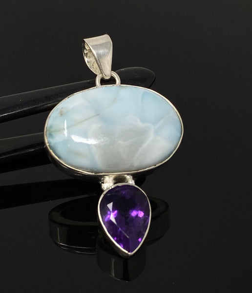 Natural Larimar and Amethyst Gemstone Pendant, Sterling Silver