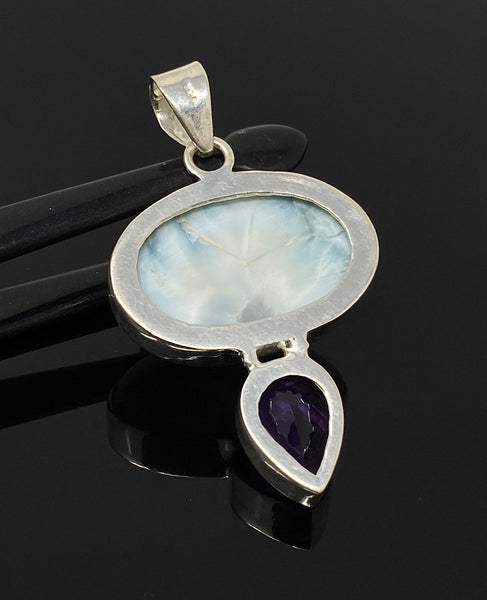 Natural Larimar and Amethyst Gemstone Pendant, Sterling Silver