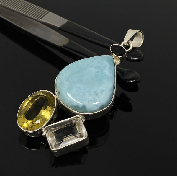 Gemstone Pendant - Larimar, Smokey Quartz and Lemon Quartz, Bohemian