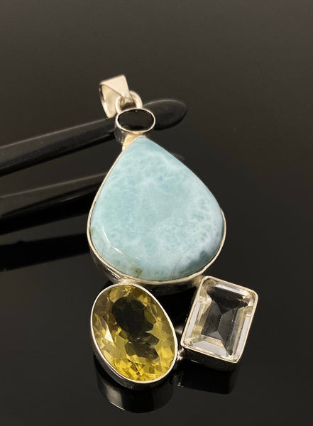 Gemstone Pendant - Larimar, Smokey Quartz and Lemon Quartz, Bohemian