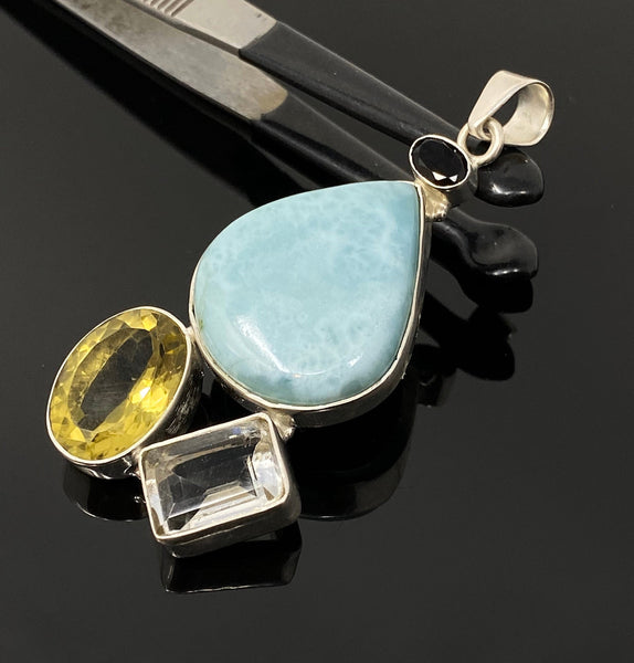 Gemstone Pendant - Larimar, Smokey Quartz and Lemon Quartz, Bohemian