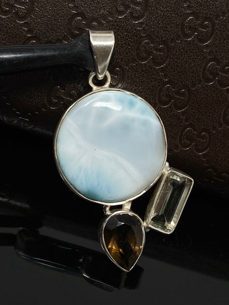 Gemstone Pendant - Larimar, Smokey Quartz and Green Amethyst , Bohemia