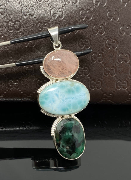 Larimar Gemstone Pendant with Emerald and Morganite , Wire Wrapped