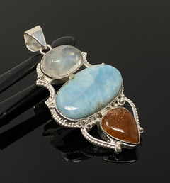 Larimar Gemstone Pendant with Aquamarine and Sunstone, Wire Wrapped