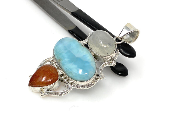 Larimar Gemstone Pendant with Aquamarine and Sunstone, Wire Wrapped