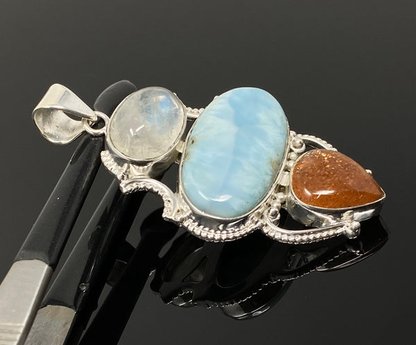 Larimar Gemstone Pendant with Aquamarine and Sunstone, Wire Wrapped