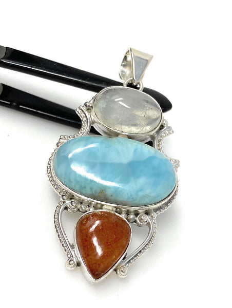 Larimar Gemstone Pendant with Aquamarine and Sunstone, Wire Wrapped