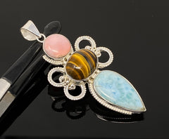 Pendentif pierres précieuses - Larimar, pendentif oeil de tigre et opale rose, Wire Wra