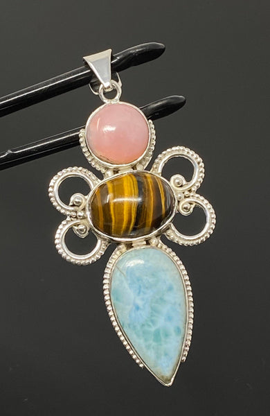 Gemstone Pendant - Larimar, Tigers Eye and Pink Opal Pendant, Wire Wra