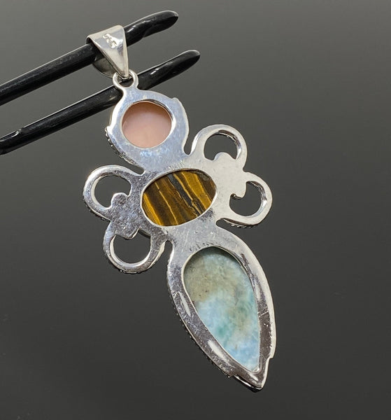 Gemstone Pendant - Larimar, Tigers Eye and Pink Opal Pendant, Wire Wra