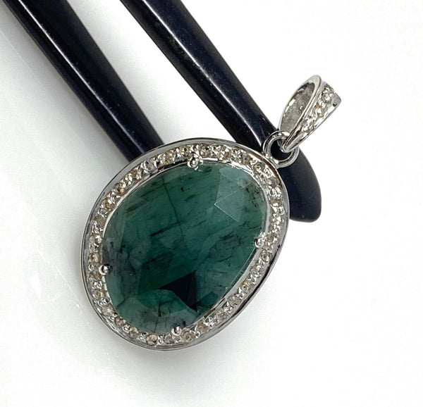 Emerald Diamond Pendant, Natural Emerald Sterling Silver Pendant, May