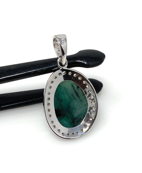 Emerald Diamond Pendant, Natural Emerald Sterling Silver Pendant, May