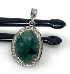 Emerald Diamond Pendant, Natural Emerald Sterling Silver Pendant, May