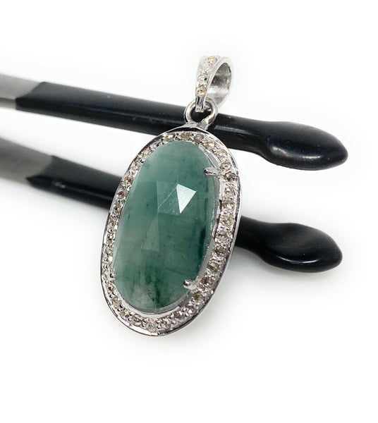 Emerald Diamond Pendant, Natural Emerald Sterling Silver Pendant, May