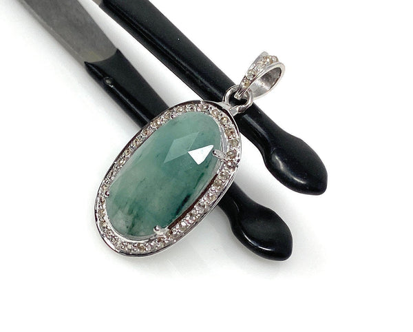 Emerald Diamond Pendant, Natural Emerald Sterling Silver Pendant, May