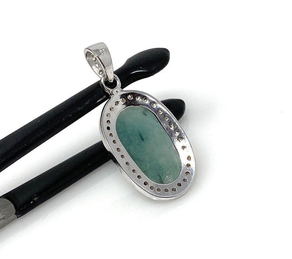 Emerald Diamond Pendant, Natural Emerald Sterling Silver Pendant, May