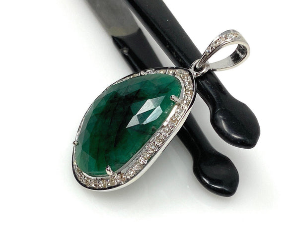 Emerald Diamond Pendant, Natural Emerald Sterling Silver Pendant, May