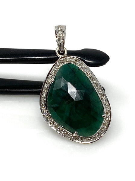 Emerald Diamond Pendant, Natural Emerald Sterling Silver Pendant, May