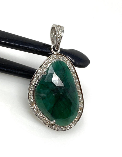 Emerald Diamond Pendant, Natural Emerald Sterling Silver Pendant, May