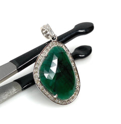 Emerald Diamond Pendant, Natural Emerald Sterling Silver Pendant, May