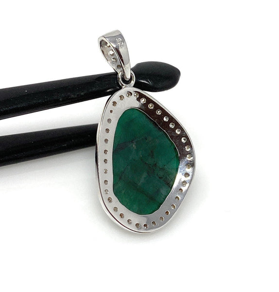 Emerald Diamond Pendant, Natural Emerald Sterling Silver Pendant, May