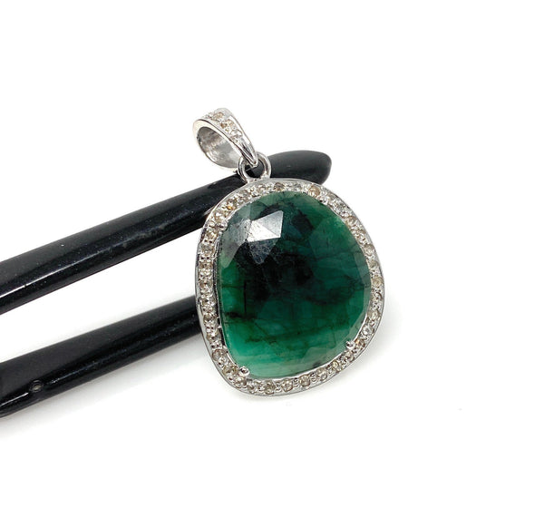 Emerald Diamond Pendant, Natural Emerald Sterling Silver Pendant, May