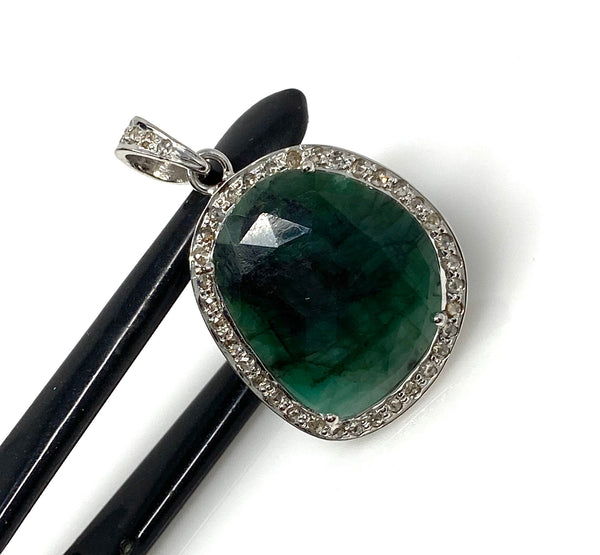 Emerald Diamond Pendant, Natural Emerald Sterling Silver Pendant, May