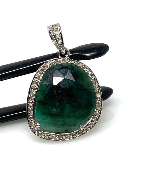 Emerald Diamond Pendant, Natural Emerald Sterling Silver Pendant, May