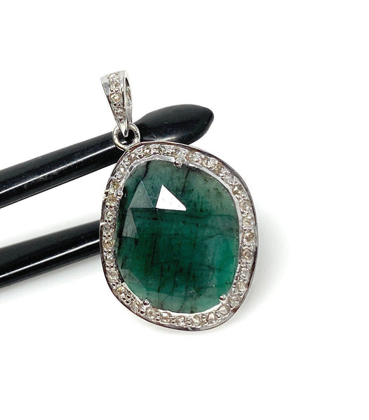 Emerald Diamond Pendant, Natural Emerald Sterling Silver Pendant, May