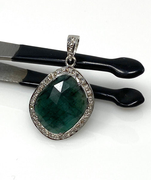 Emerald Diamond Pendant, Natural Emerald Sterling Silver Pendant, May