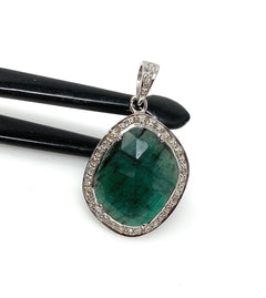 Emerald Diamond Pendant, Natural Emerald Sterling Silver Pendant, May