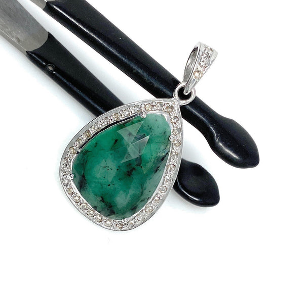 Emerald Diamond Pendant, Natural Emerald Sterling Silver Pendant, May