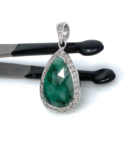 Emerald Diamond Pendant, Natural Emerald Sterling Silver Pendant, May