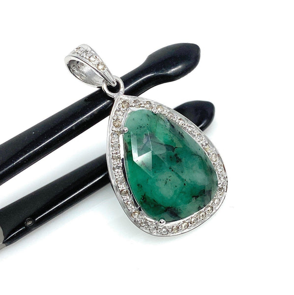 Emerald Diamond Pendant, Natural Emerald Sterling Silver Pendant, May