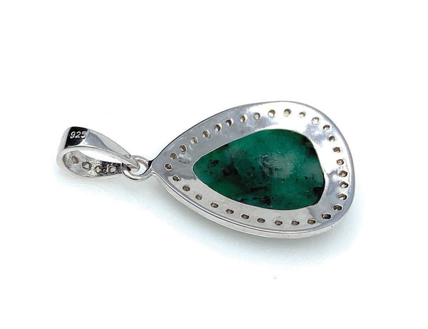 Emerald Diamond Pendant, Natural Emerald Sterling Silver Pendant, May