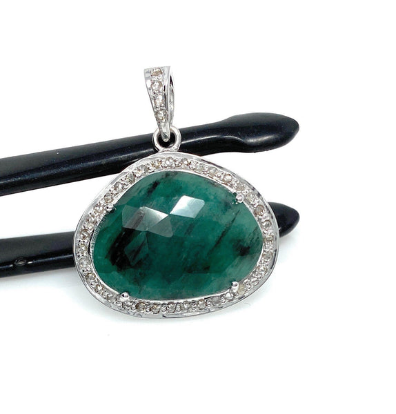 Emerald Diamond Pendant, Natural Emerald Sterling Silver Pendant, May