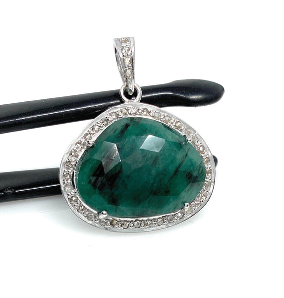 Emerald Diamond Pendant, Natural Emerald Sterling Silver Pendant, May