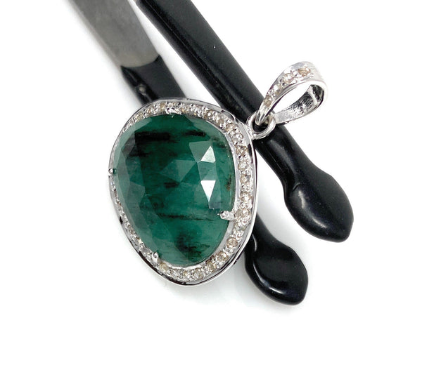 Emerald Diamond Pendant, Natural Emerald Sterling Silver Pendant, May