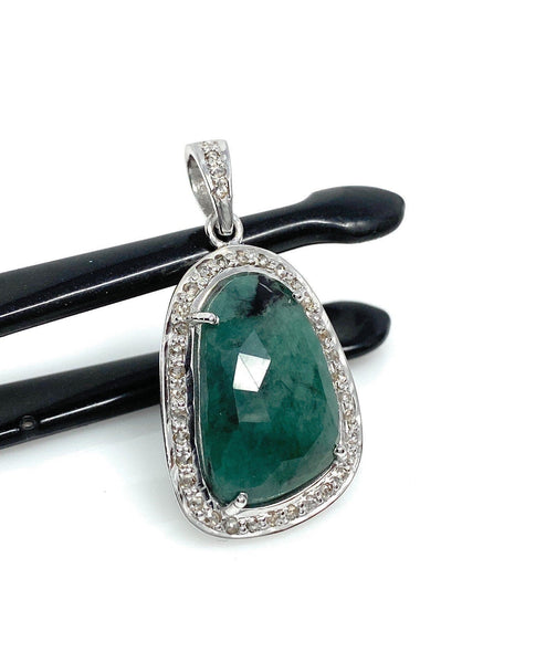 Emerald Diamond Pendant, Natural Emerald Sterling Silver Pendant, May