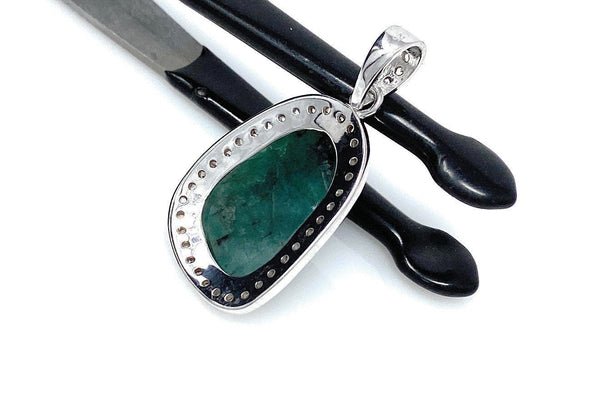 Emerald Diamond Pendant, Natural Emerald Sterling Silver Pendant, May